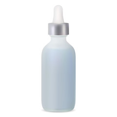 Matt glass dropper bottle for serum. Vector mockup of isolated medical flask for essential oil. Natural face care treatment liquid vial with eyedropper. Beauty collagen container. Vape flacon