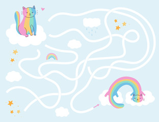 Maze game for preschool kids. Help the rainbow cat find right way to friend. Cute kawaii cartoon characters. Worksheet for girls.