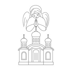 Angel over the Orthodox church. Vector illustration. Black outline.