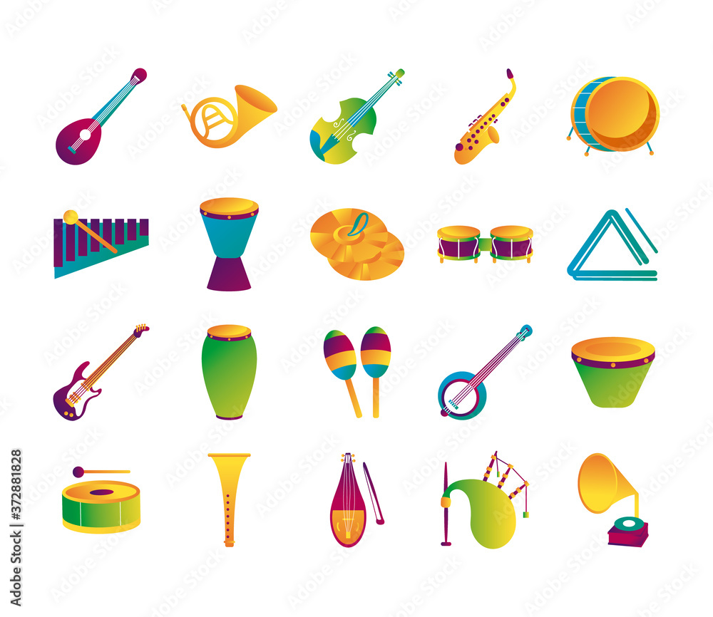 Poster bundle of twenty musical instruments set collection icons