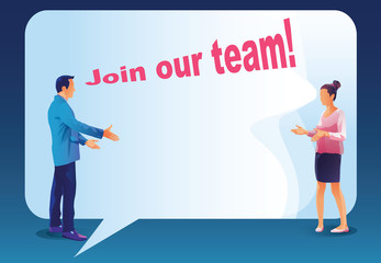We are Hiring Concept with Huge Loudspeaker and Business People. Recruitment Agency Interview with Candidates. Human Resources with Megaphone. Join together in team work dream team Vector illustration