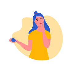 Young girl  thinking or making choice about eco friendly periods alternatives . Thoughtful women doubt about menstrual cup.  Cute illustration in flat style