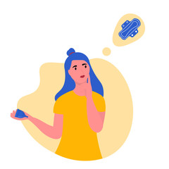 Young girl thinking or making choice about eco friendly periods alternatives . Thoughtful women doubt about menstrual cup. Cute illustration in flat style
