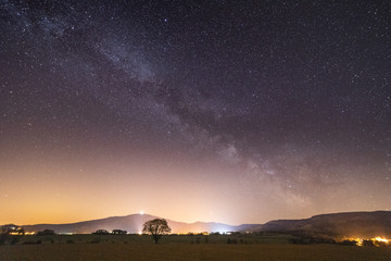Milky Way with a single tree in Poland with a view to the mountains