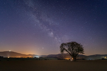 Fototapeta na wymiar Milky Way with a single tree in Poland with a view to the mountains