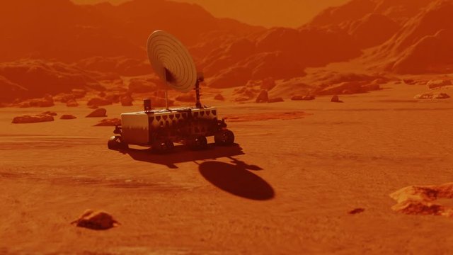 Mars robot searching red planet surface. Landscape mission science and space cosmos galaxy exploration in univers and space, robot vehicle in cosmos. 3D render animation
