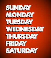 Paper drawn weekdays. Seven days lettering. Calendar. Handwritten days of the week process. Monday, Tuesday, Wednesday, Thursday, Friday, Saturday, Sunday. Lettering of calendar list.