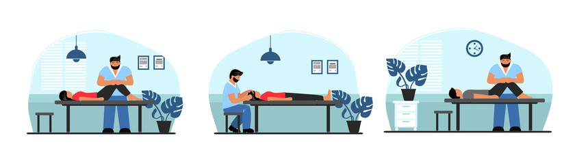 Vector flat illustration of osteopathy. An osteopath treats a patient. Munual therapist. Treatment of the back, head, and body. 
Headache treatment