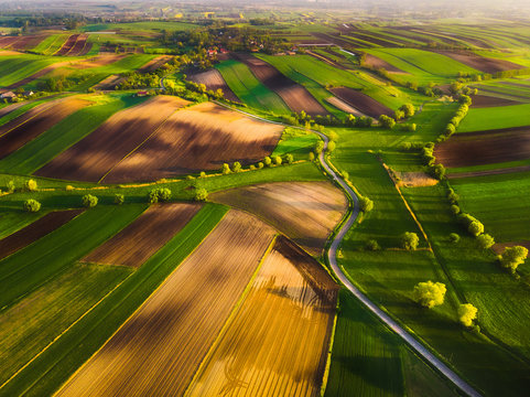Nida Valley called Ponidzie in spring sunset time, drone aerial photos of fields.
