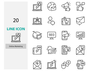 set online marketing line icons, ads, online, advertise