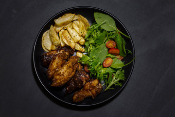 Honey Soy Chicken Wing Nibbles with Salad and Potato Chips