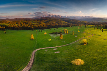 Podhale and Tatra Mountains from drone. Photos was taken in spring. Poland, Malopolskie Aerial footage