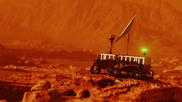 Mars robotic rover on red place surface searching for signal. Landscape mission science and space cosmos galaxy exploration in univers and space, robot vehicle in cosmos. 3D render animation
