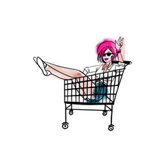  young girl in the shopping cart vector illustration