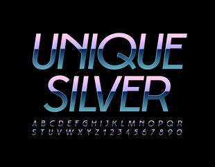 Vector Unique Silver Alphabet Letters and Numbers. Gradient Reflective Font