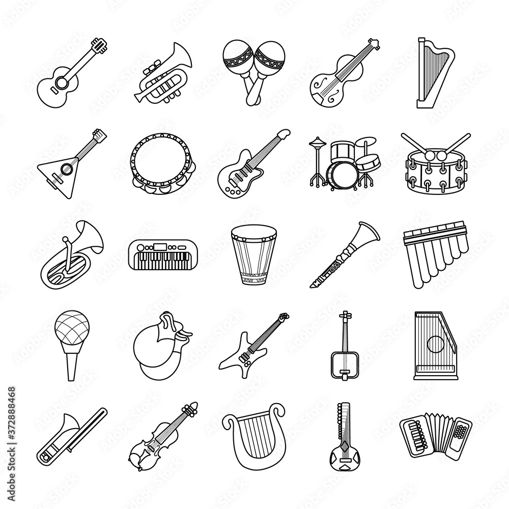 Poster bundle of twenty five musical instruments set collection icons