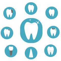 Dental care icons set. Caries, teeth requiring treatment. Flat drawing style. Vector