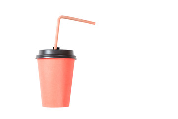 Red paper cup with a red straw and black cover on a white background. Isolated.