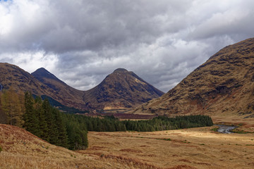 The River Etive flowing down the flat Valley floor in between the steep Mountains and Valley Sides in the Scottish Highlands.