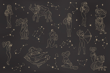 Set of zodiac signs on black gradient background. Light outline women and zodiac constellations. Collection of horoscope symbols. Astrology concept in vector. Design element for icons or logo.
