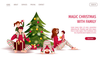Website design for Merry Christmas and Happy New Year with family in similar clothes and christmas tree. Vector illustration for poster, banner, web page.