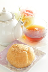 Japanese style confectionery, puff cream on dish for gourmet dessert