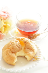 Japanese style confectionery, puff cream on dish for gourmet dessert