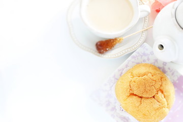 Japanese style confectionery, puff cream on dish for gourmet dessert