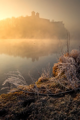 Tyniec abbey in morning fog in sunrise time. Cracow, Malopolska, Poland 