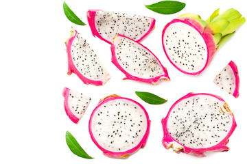 Sliced Ripe Dragon fruit with green leaves isolated on white background. Pitaya or Pitahaya Top view