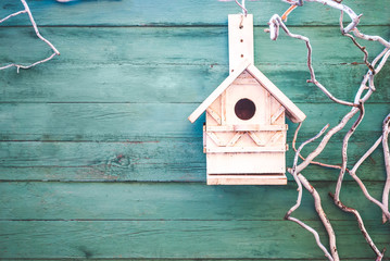 Wooden small birdhouse and bare branches on green painted rustic background with copy space