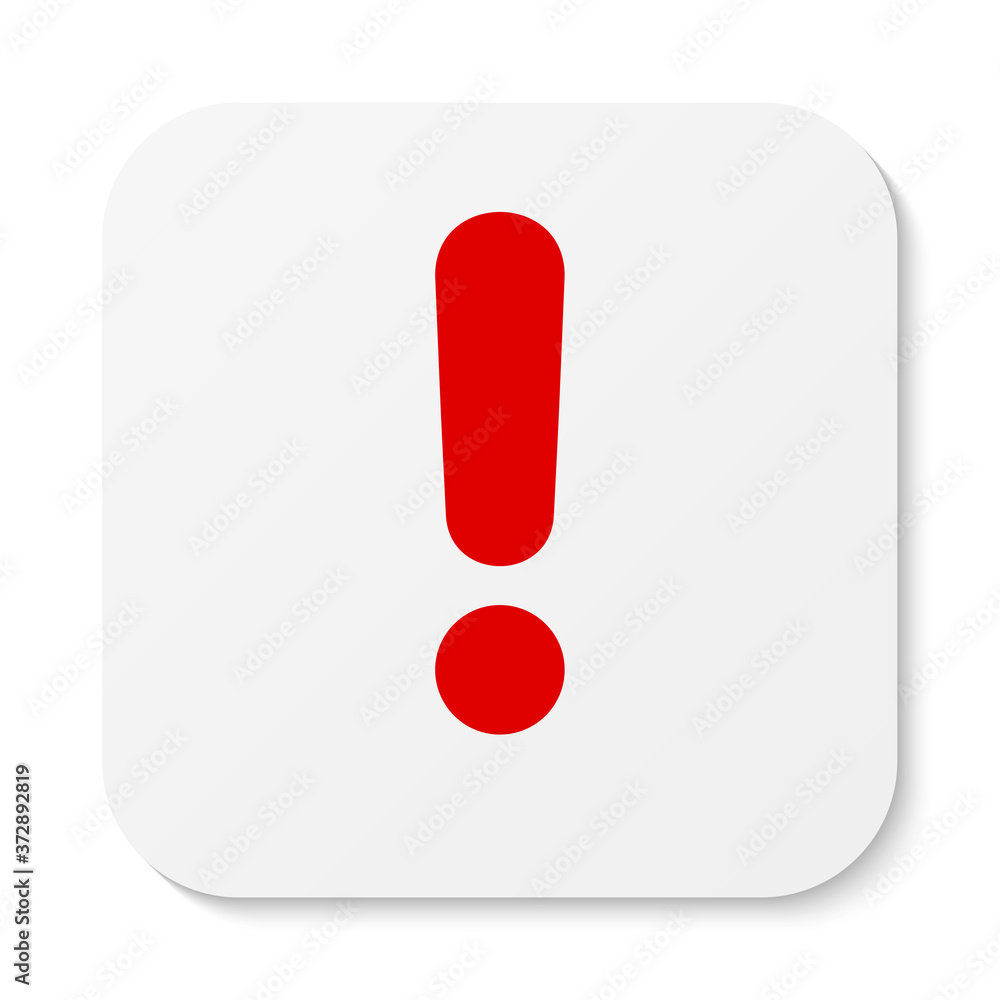 Poster flat white rounded square sticker exclamation point icon, button. attention symbol isolated on a whi