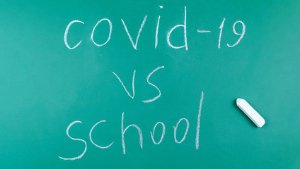 On the green chalkboard is written ovid 19 , School, top view, copy space