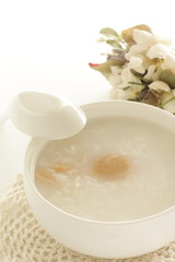 Chinese food, dried scallop in rice porridge for healthy gourmet congee