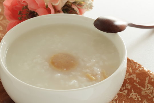 Chinese food, dried scallop in rice porridge for healthy gourmet congee