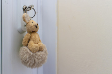 Closeup shot of key chain brown bunny on a white door