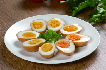 Close up of a typical Chinese Sichuan province cold dish cuisine Soy sauce marinated Eggs on the plate (Chinese: Ludan)