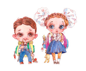 Watercolor illustration with schoolchildren boy and girl