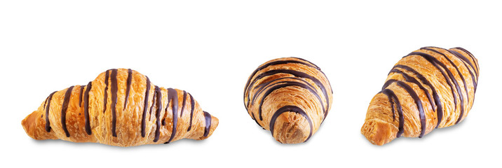 Croissant with chocolate glaze on a white isolated background