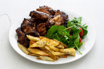 Honey Soy Chicken Wing Nibbles with Salad and Potato Chips