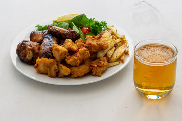 Honey Soy Chicken Wing Nibbles, Fried Chicken, Potato Chips and Beer