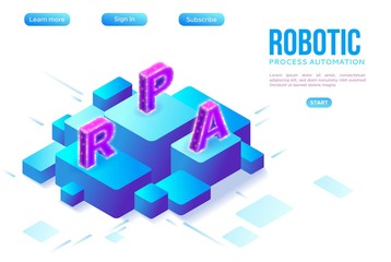 Robotic process automation concept with robots working with data, arms moving files, extracting information from websites, digital technology service, 3d isometric vector illustration