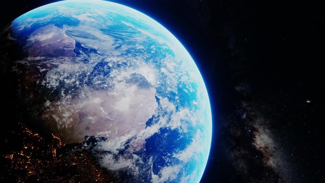 Zoom in on planet earth spinning in the cosmos next to milky way. 3D render animation. NASA images. World globe global environment in stars galaxy cosmos, science universe exploration of atmosphere