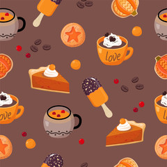 Pumpkin pie and latte seamless pattern.
