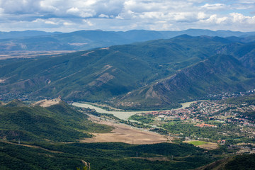 Beautiful view of the old town of Mtskheta from the Zedazeni mountain in Georgia