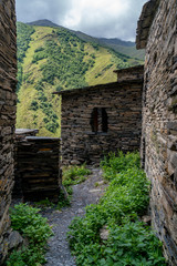 Fototapeta na wymiar Ruined medieval village and fortress Mutso. Khevsureti, Georgia