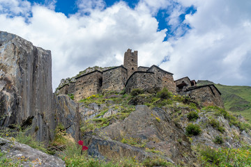 Ruined medieval village and fortress Mutso. Khevsureti, Georgia