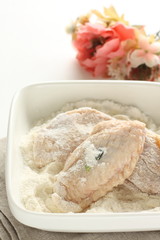 Homemade Korean food, prepared flour and marinated chicken wing for fried chicken cooking