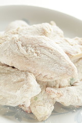 Homemade Korean food, prepared flour and marinated chicken wing for fried chicken cooking