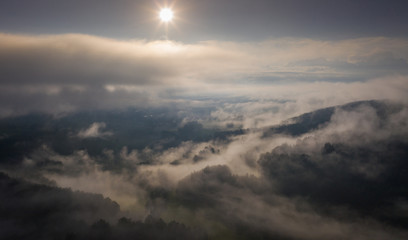 Fototapeta na wymiar forest in the morning fog at sunrise aerial view